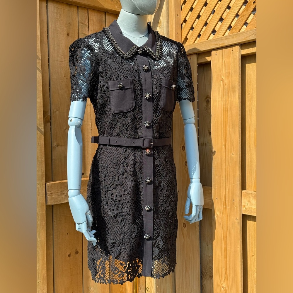 🆕 SELF PORTRAIT 🧿 NWOT Black Lace Button Front Mini Dress, Sz UK 14 US 10 - Picture 10 of 17
